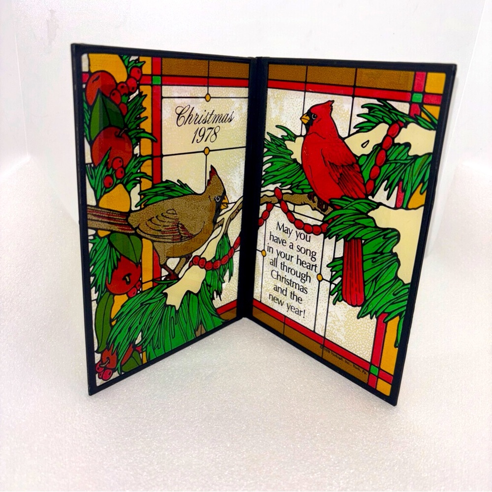 VTG Yorkraft Inc. Stained Glass Panels 5"x7" Cardinals Birds Christmas 1978